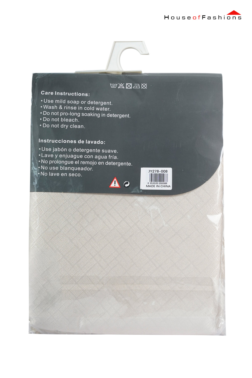 100% Blackout Curtains for Bedroom beige panel in packaging with care instructions and House of Fashions logo