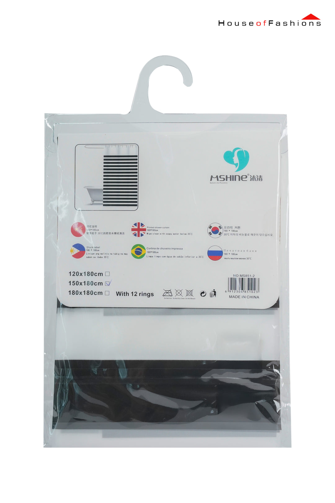 Seasonwood Shower Curtain Striped with Tassel Farmhouse Bathroom Curtains Fabric Black and White Decor Waterproof 150x180 CM