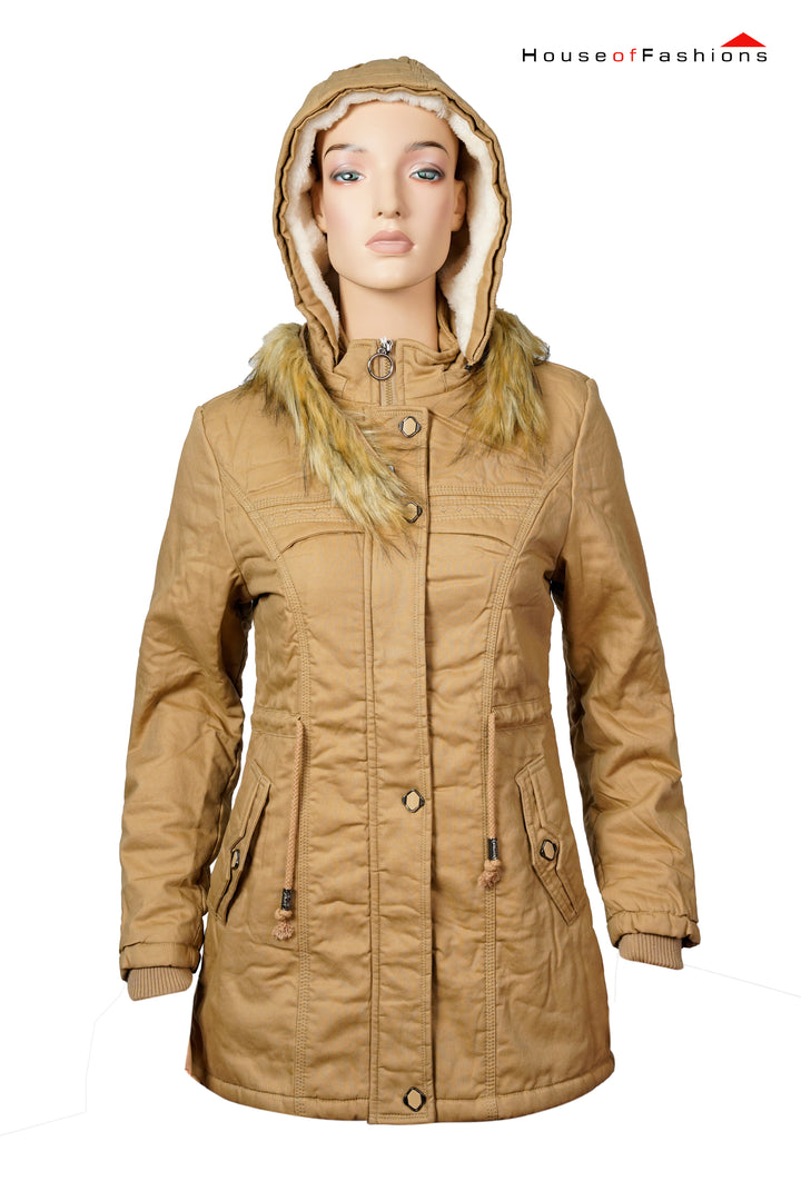 Medium length cotton coat for women, warm windproof jacket and raincoat with removable hood and fur collar, Beige