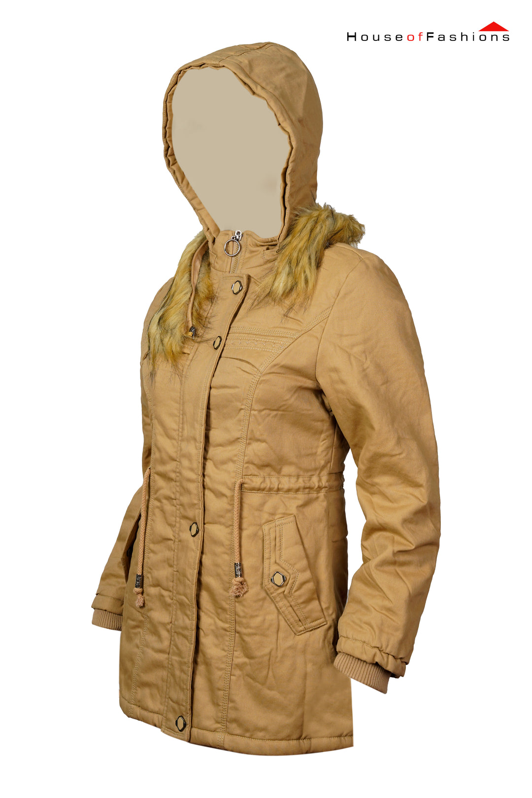 Medium length cotton coat for women, warm windproof jacket and raincoat with removable hood and fur collar, Beige