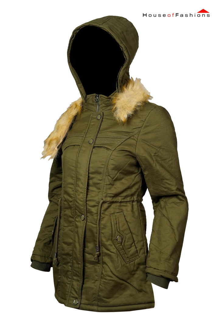 Medium length cotton coat for women, warm windproof jacket and raincoat with removable hood and fur collar, Military green