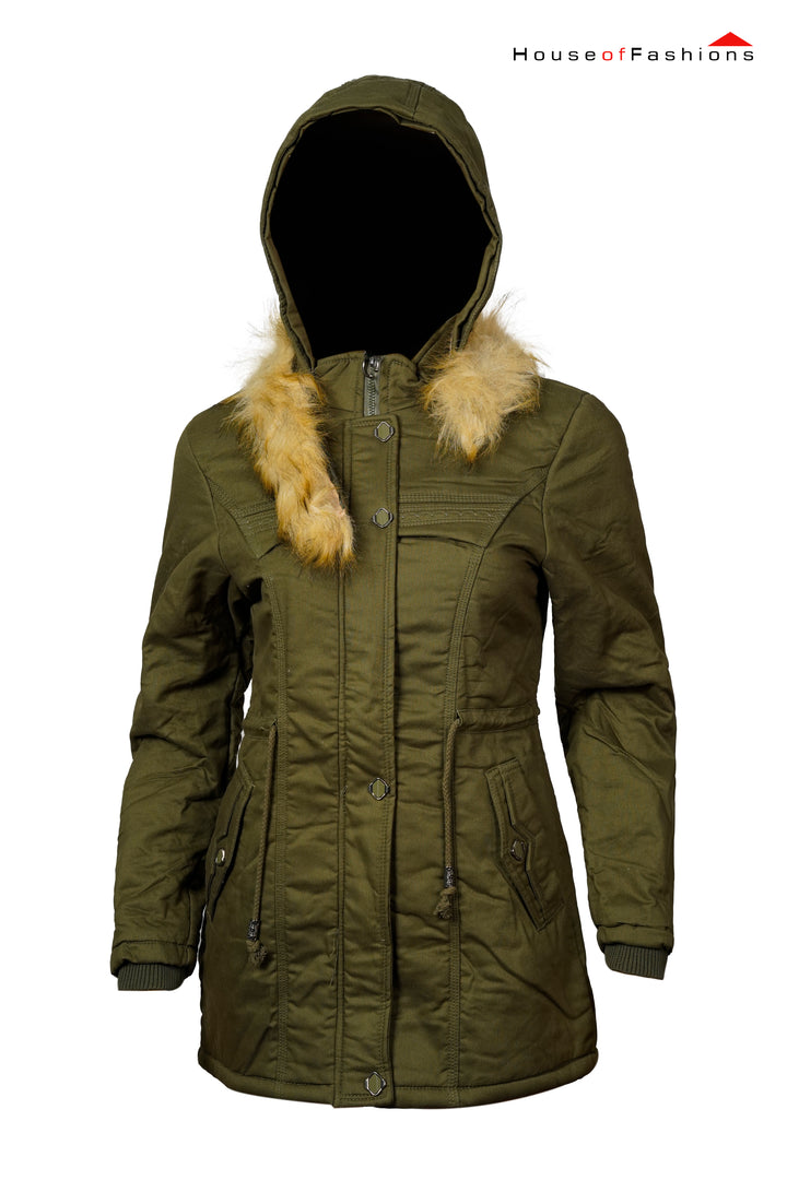 Medium length cotton coat for women, warm windproof jacket and raincoat with removable hood and fur collar, Military green