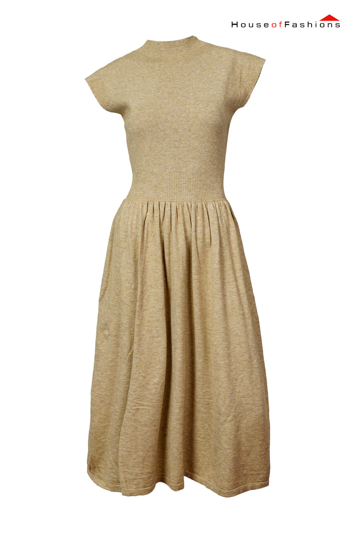 Wired knit sweater dresser with high neck and short sleeves for women