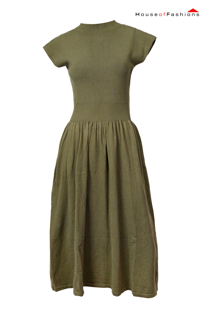 Wired knit sweater dresser with high neck and short sleeves for women