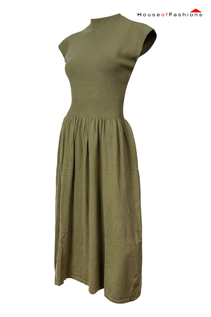 Wired knit sweater dresser with high neck and short sleeves for women