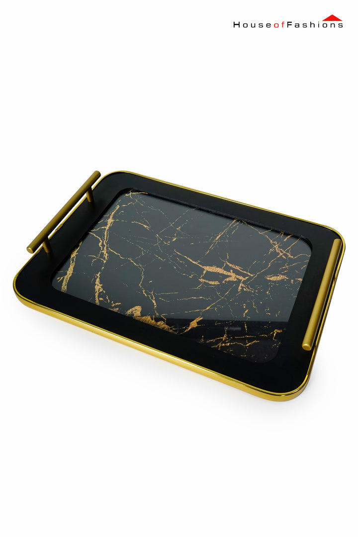 2-Piece Decorative Tray Set – Black Gold Marble Finish with Ti-Gold Handle | Coffee Table, Bathroom, Ottoman Tray