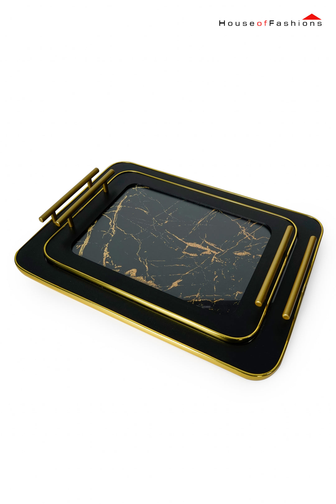 2-Piece Decorative Tray Set – Black Gold Marble Finish with Ti-Gold Handle | Coffee Table, Bathroom, Ottoman Tray