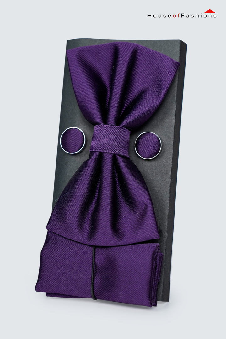 Royal Night – Dark Purple Bow Tie, Pocket Square & Cufflinks Set