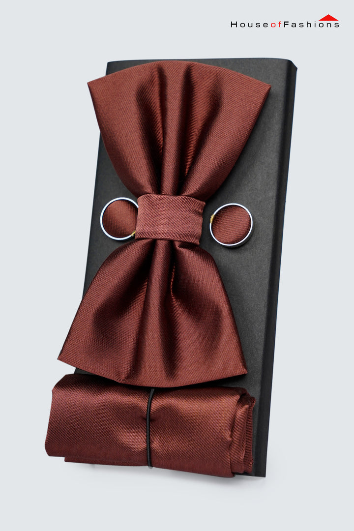 Earth Tone Elegance – Brown Bow Tie, Pocket Square & Cufflinks Set