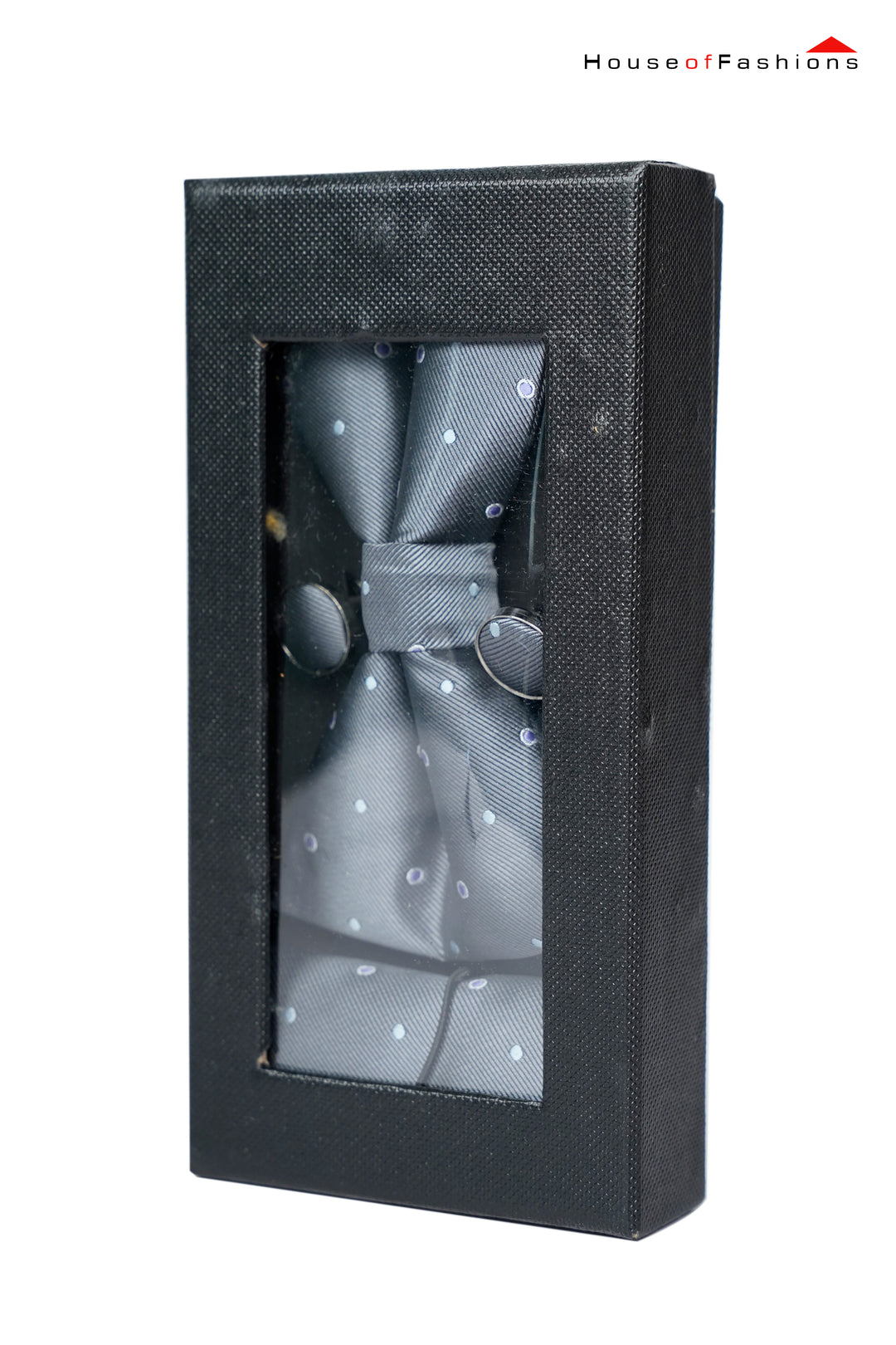 Steel Elegance – Gray Bow Tie, Pocket Square & Cufflinks Set