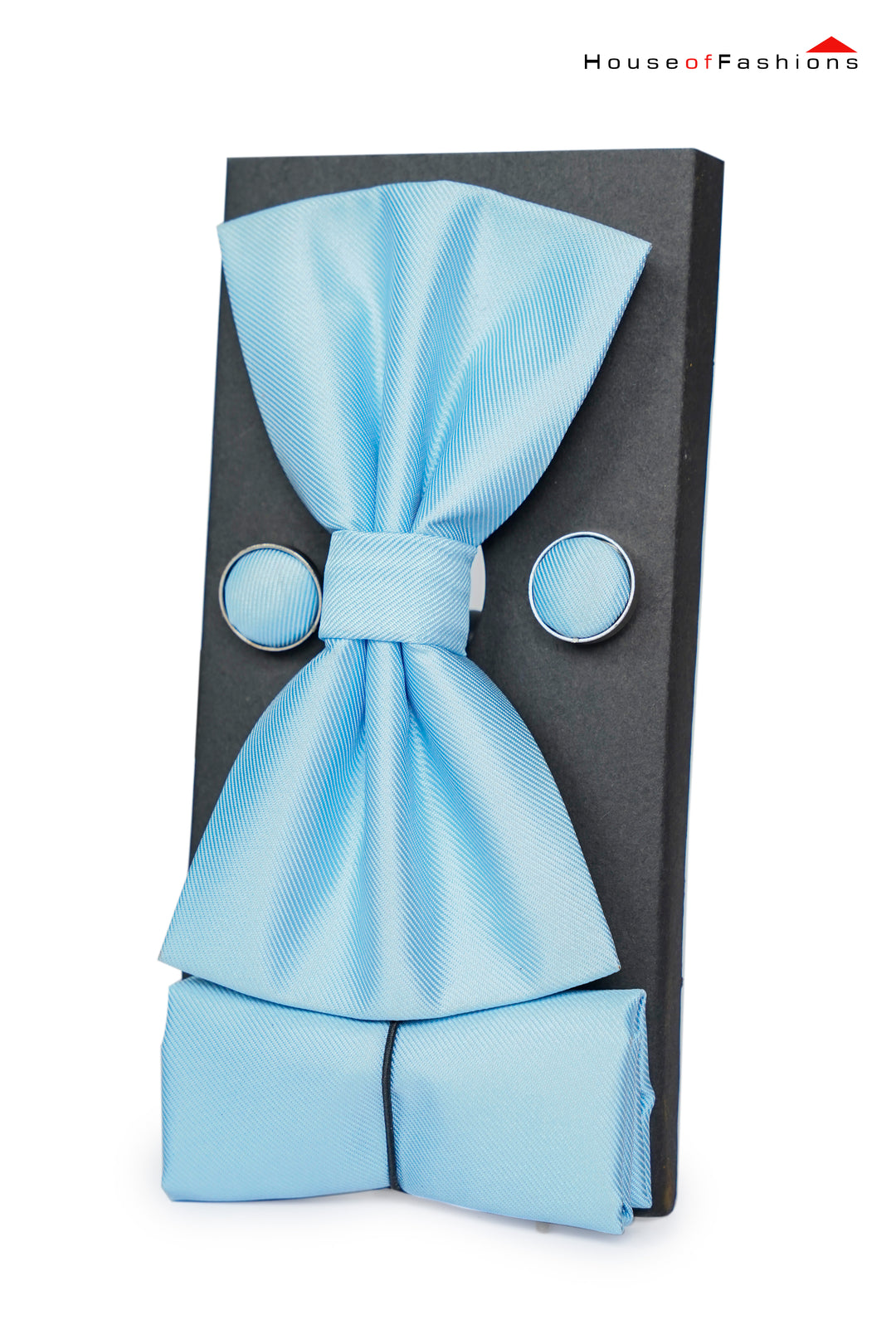Skyline Grace – Sky Blue Bow Tie, Pocket Square & Cufflinks Set