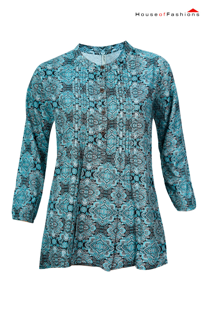 Teal Ethnic Pintuck Cotton Top