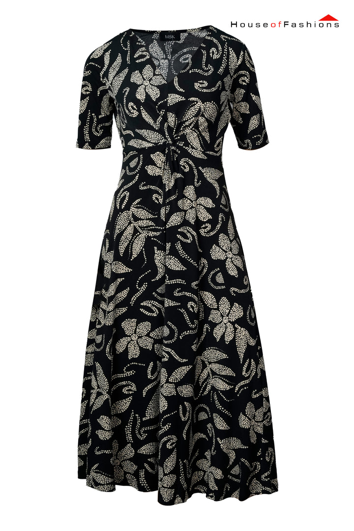 Black & Beige Floral Printed Knot Front Midi Dress