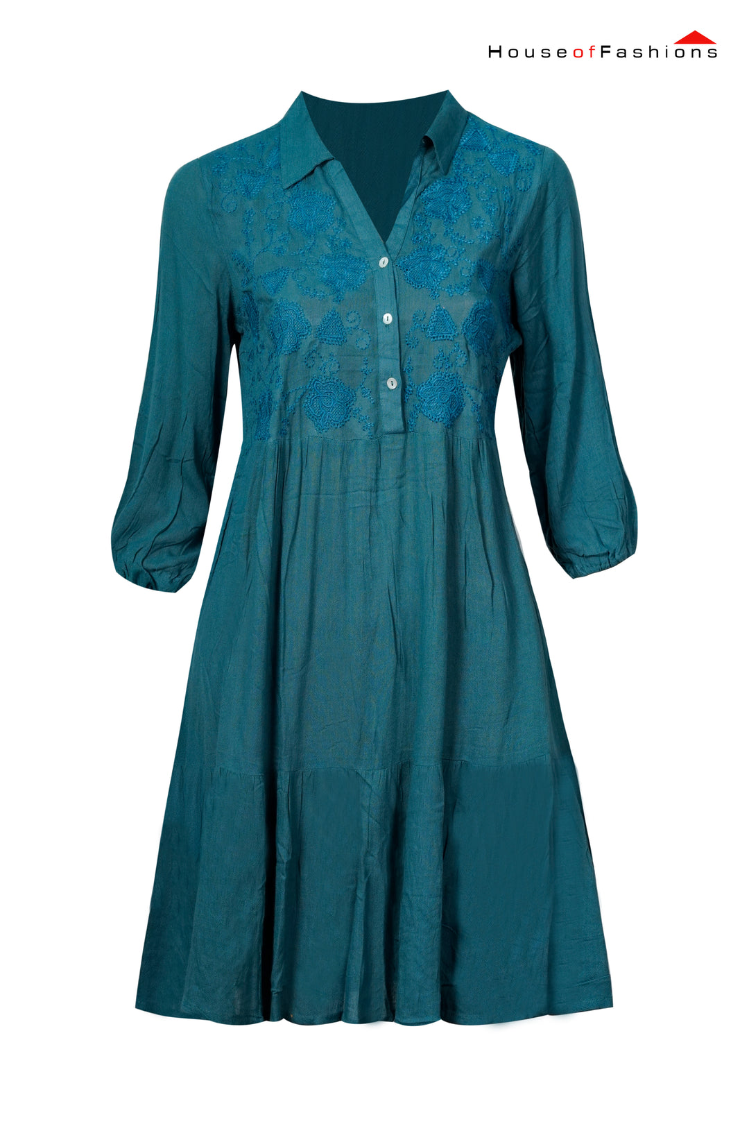 Teal Embroidered Bodice Flared Shirt Dress