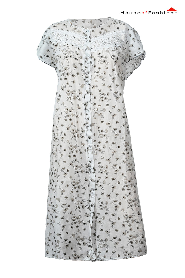 White Floral Printed Nightdress & House Coat Set with Lace Yoke