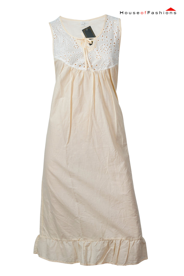 Sleeveless Beige Cotton Nightdress with Eyelet Embroidered Yoke