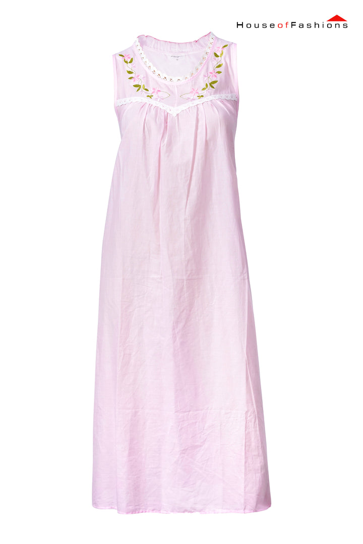 Light Pink Embroidered Sleeveless Cotton Nightdress
