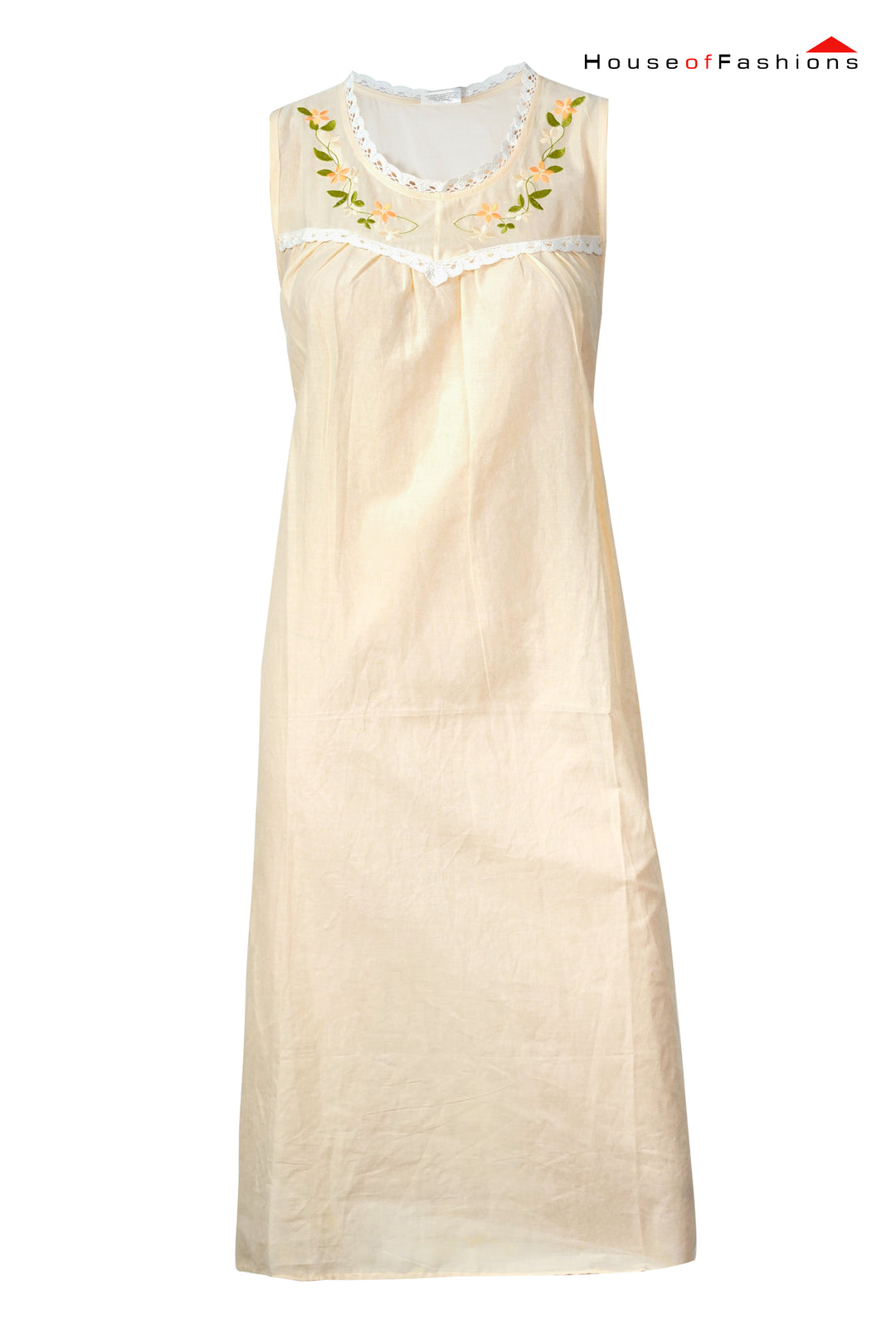 Sleeveless Embroidered Floral Nightdress in Beige Cotton