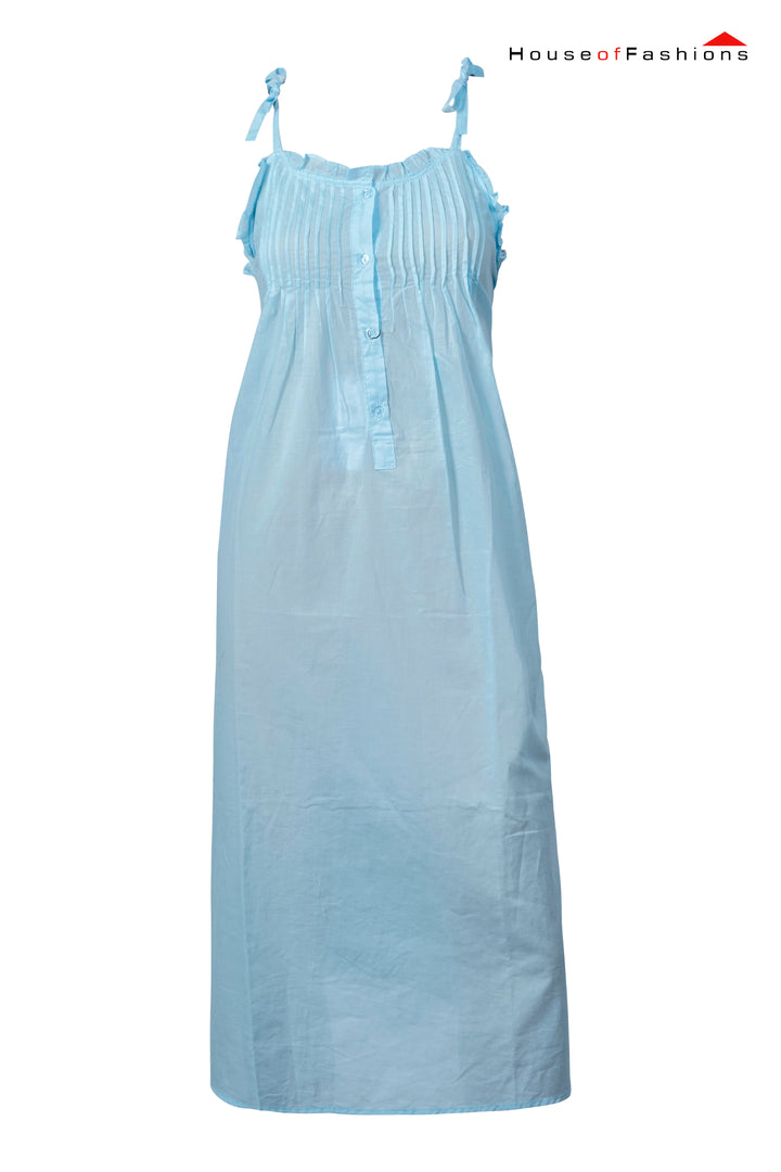 Light Blue Pleated Cotton Nightdress with Tie Straps