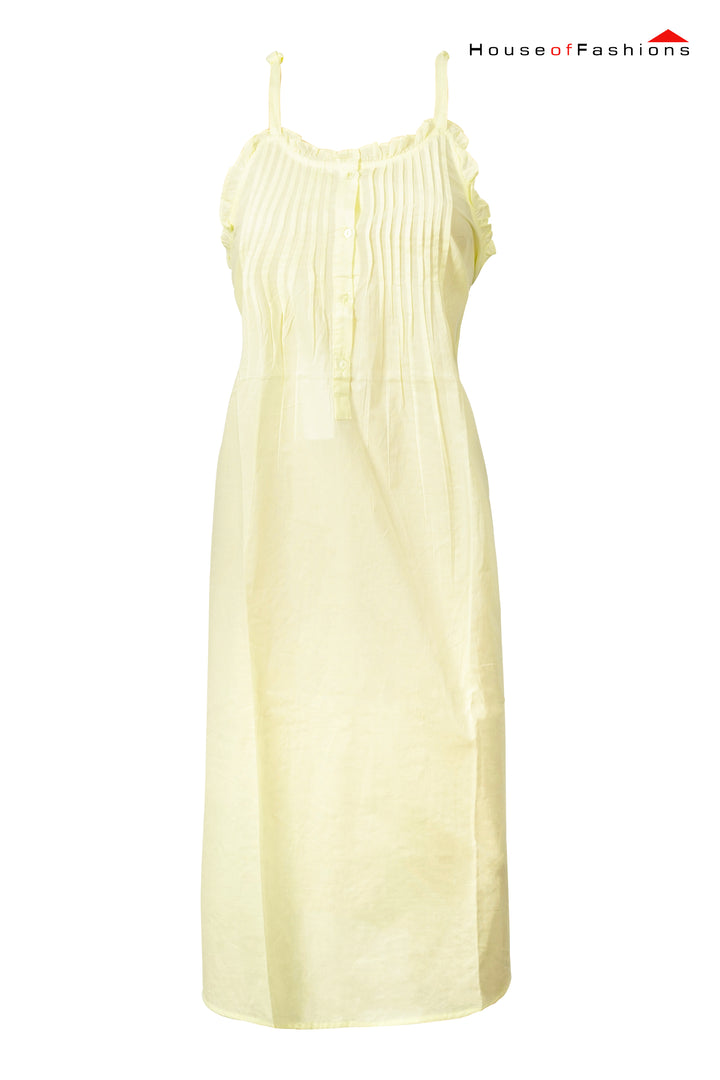 Light Yellow Pintuck Cotton Nightdress with Tie-Up Straps