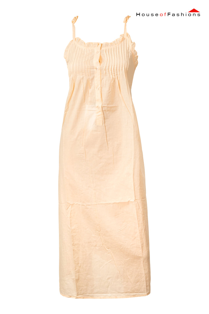Beige Pleated Cotton Nightdress with Ruffle Trim