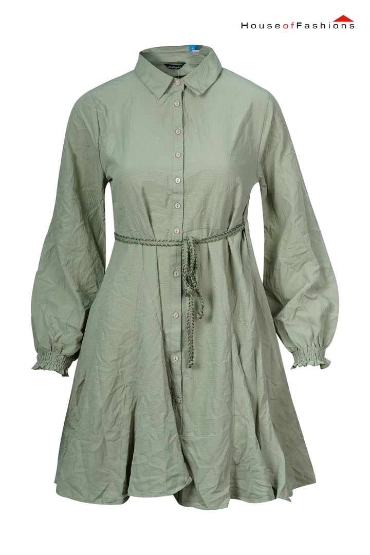 Textured Sage Green Belted Shirt Dress with Long Sleeves