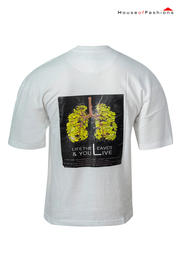 White Graphic Tee – "Leaves & Life" Eco Statement Print