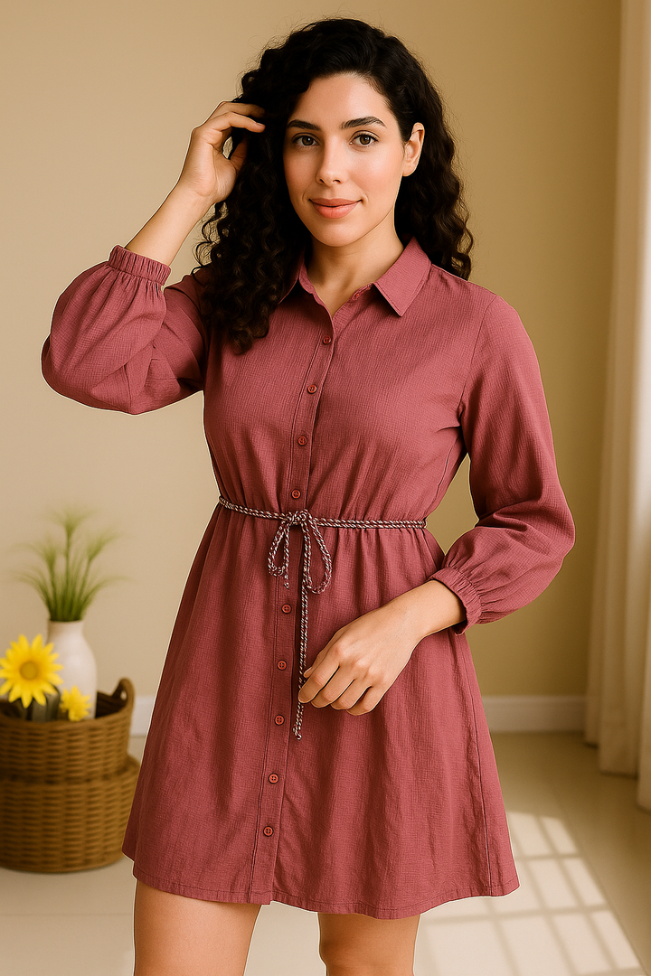 Textured Rose pink Belted Shirt Dress with Long Sleeves