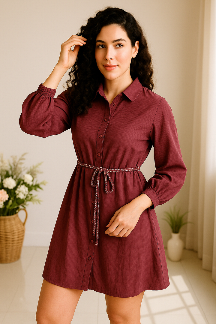 Textured Rose pink Belted Shirt Dress with Long Sleeves