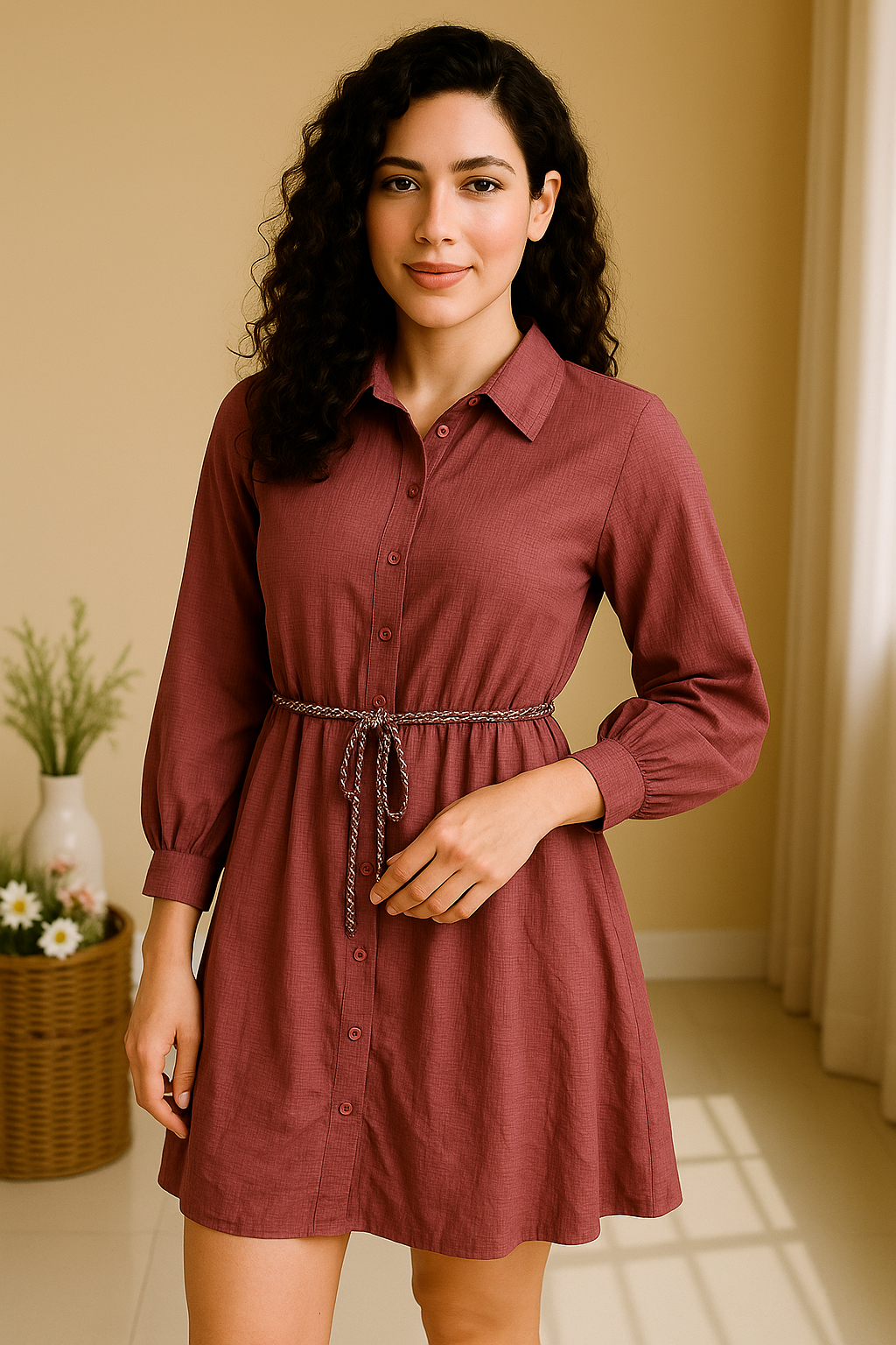 Textured Rose pink Belted Shirt Dress with Long Sleeves