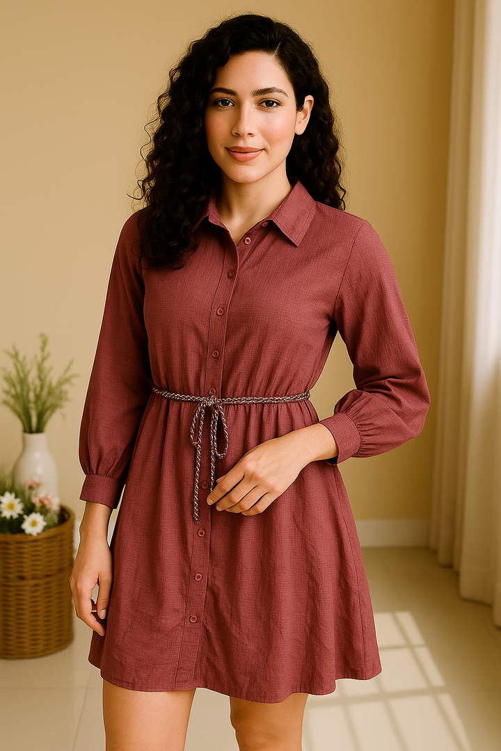 Textured Rose pink Belted Shirt Dress with Long Sleeves