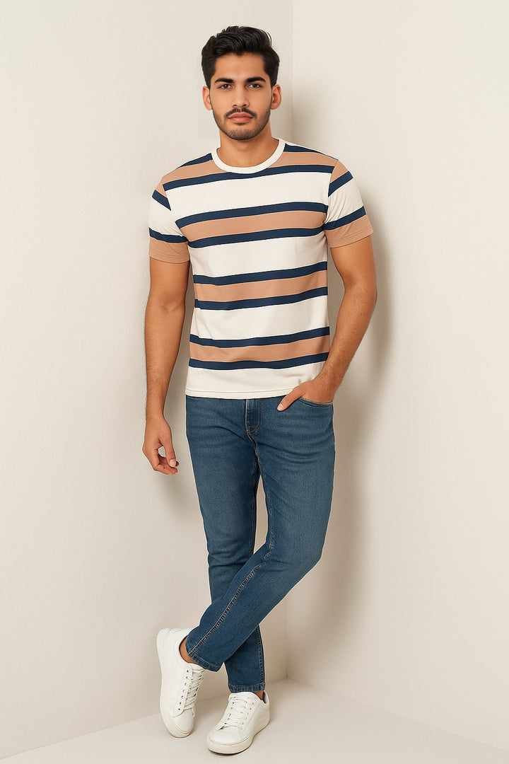 Earth Stripe Crew Neck Tee – Cream & Brown
