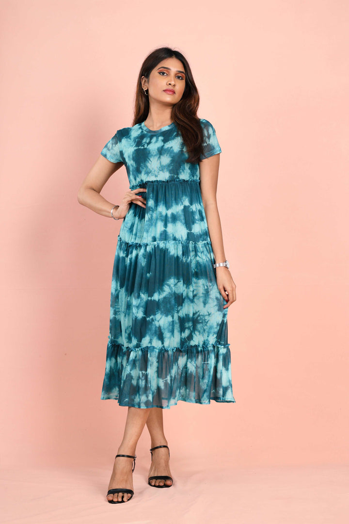 Blue Tie Dye Round Neck Long Dress