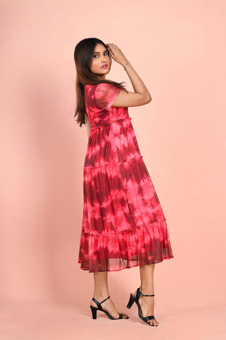 Red Tie Dye Round Neck Long Dress