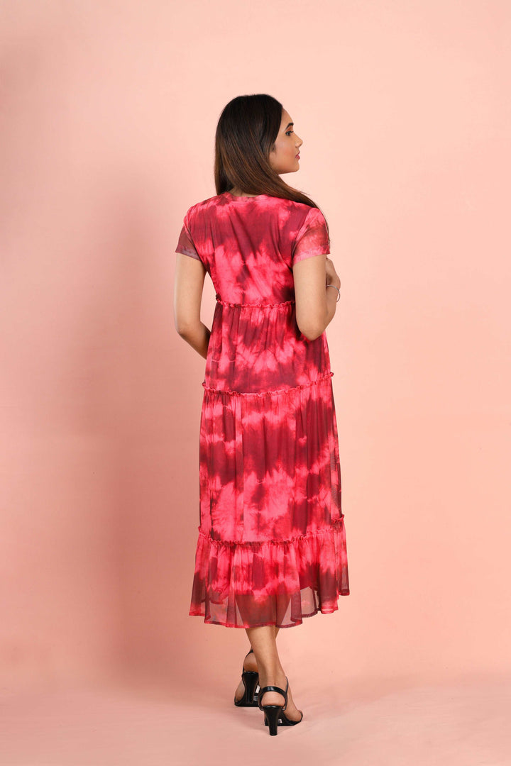 Red Tie Dye Round Neck Long Dress