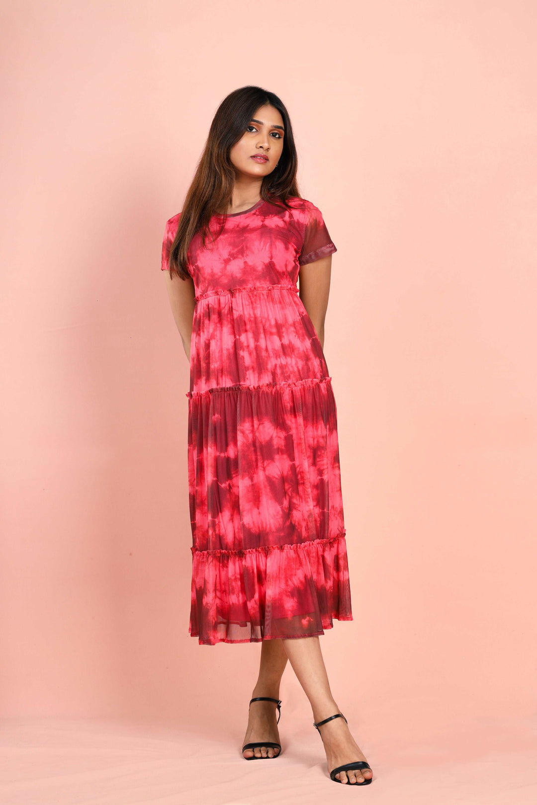 Red Tie Dye Round Neck Long Dress