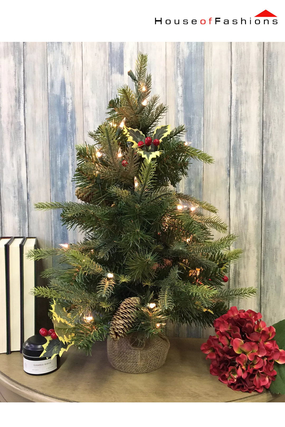 60cm Pre-Lit Pinecone & Berry Mini Christmas Tree – 2ft Tabletop Tree with Warm LED Lights | House of Fashions