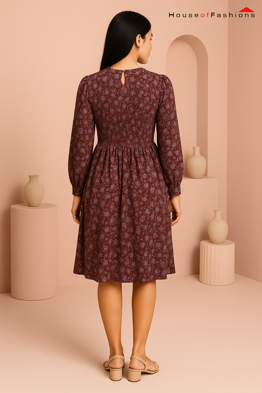 Burgundy Floral Smocked Waist Long Sleeve Mini Dress