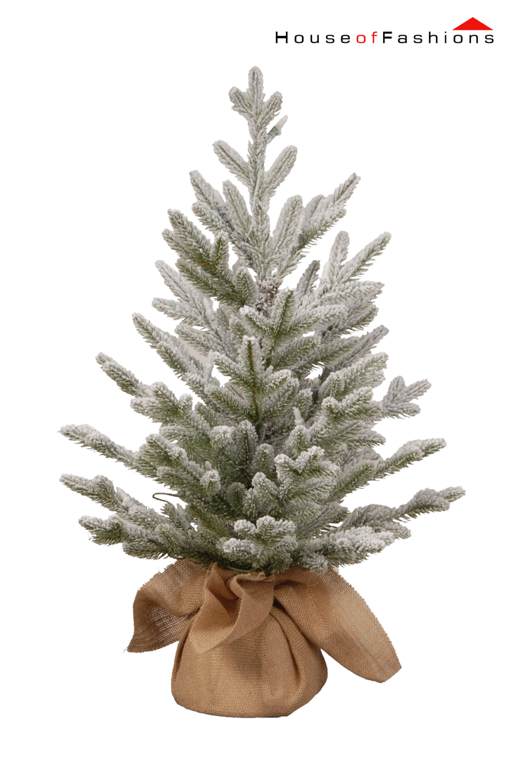 60cm Snowy Pre-Lit Christmas Tree – Frosted Tabletop Pine with Warm LED Lights & Burlap Base | House of Fashions