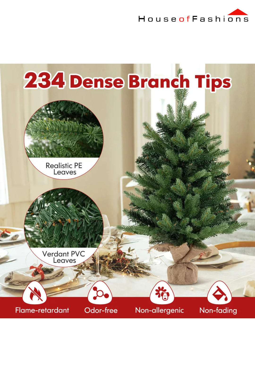 60cm Pre-Lit Mini Christmas Tree – 2ft Tabletop Pine with Warm LED Lights & Burlap Base | House of Fashions