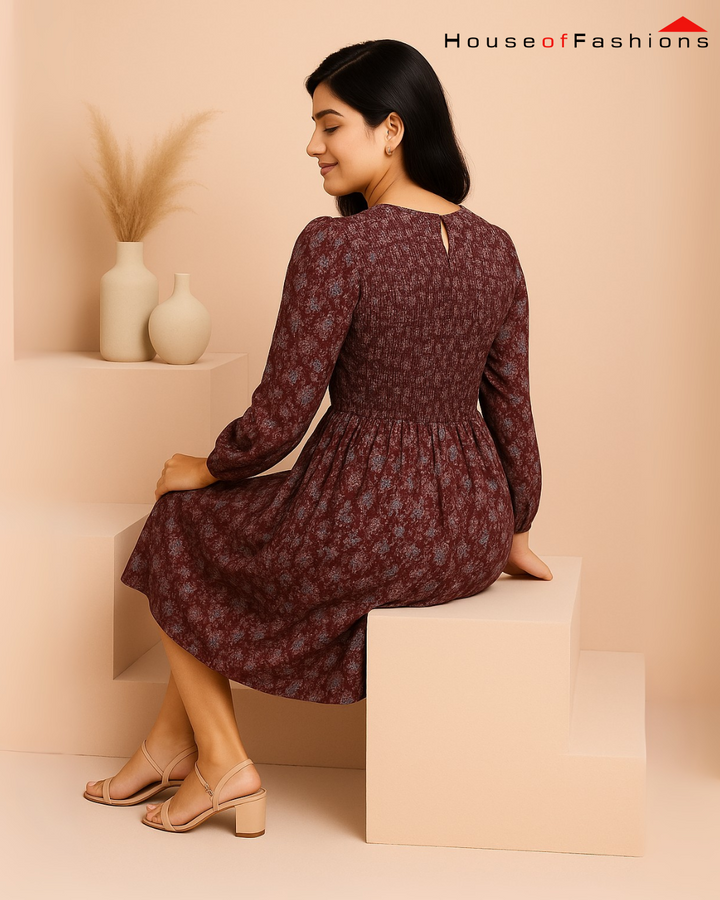 Burgundy Floral Smocked Waist Long Sleeve Mini Dress