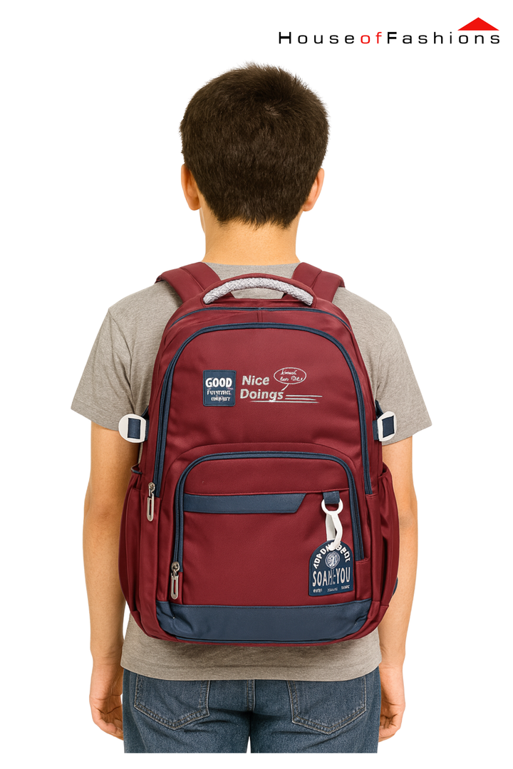 Large Kids’ School Backpack – 18” x 14.5” Burgundy & Navy Multi-Pocket Bag | House of Fashions