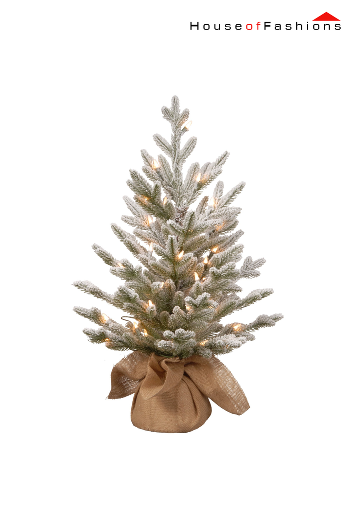 60cm Snowy Pre-Lit Christmas Tree – Frosted Tabletop Pine with Warm LED Lights & Burlap Base | House of Fashions