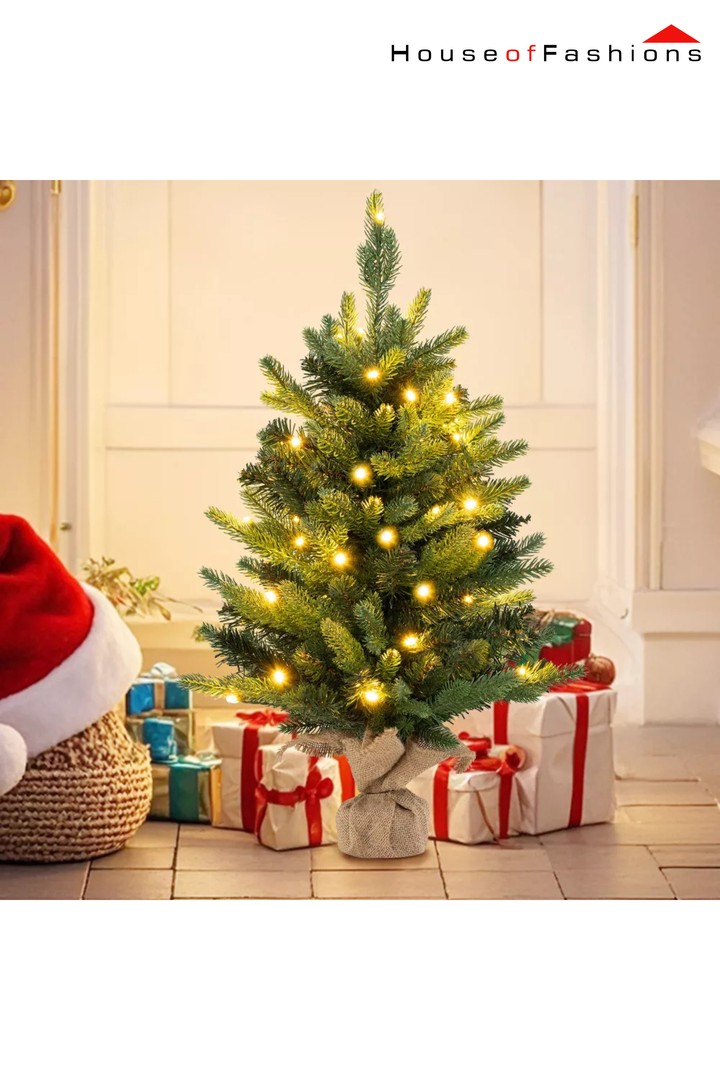 60cm Pre-Lit Mini Christmas Tree – 2ft Tabletop Pine with Warm LED Lights & Burlap Base | House of Fashions