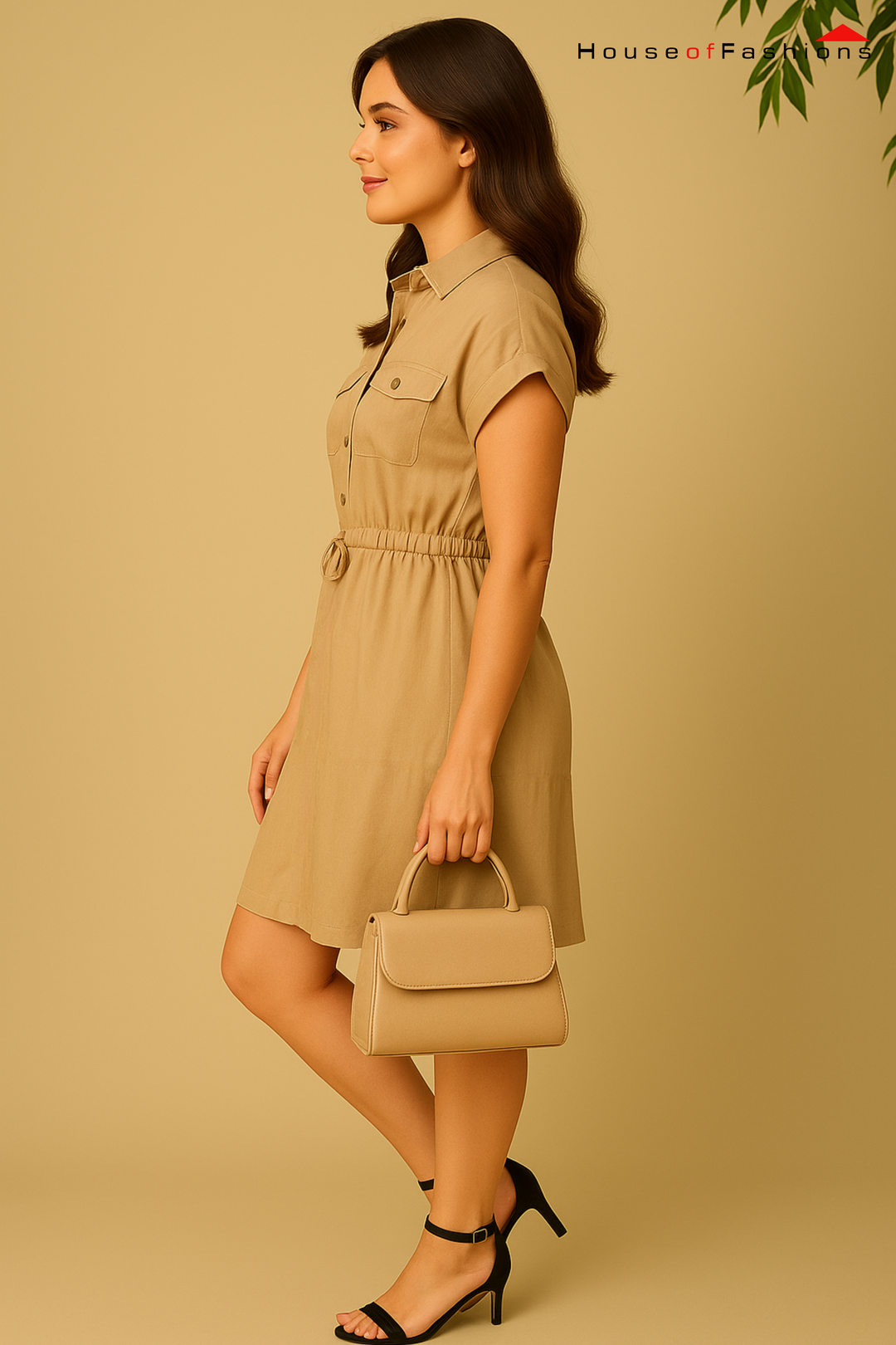 Beige Utility Button-Down Shirt Dress with Drawstring Waist