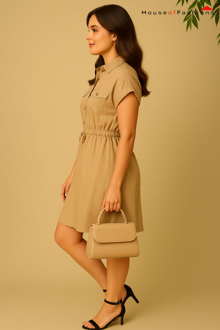Beige Utility Button-Down Shirt Dress with Drawstring Waist