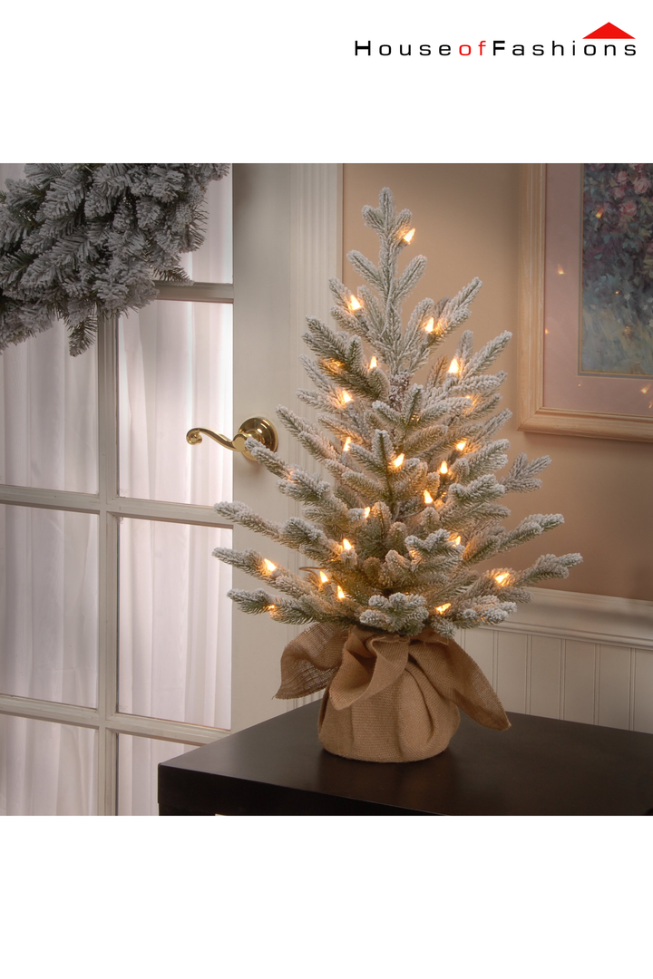 60cm Snowy Pre-Lit Christmas Tree – Frosted Tabletop Pine with Warm LED Lights & Burlap Base | House of Fashions