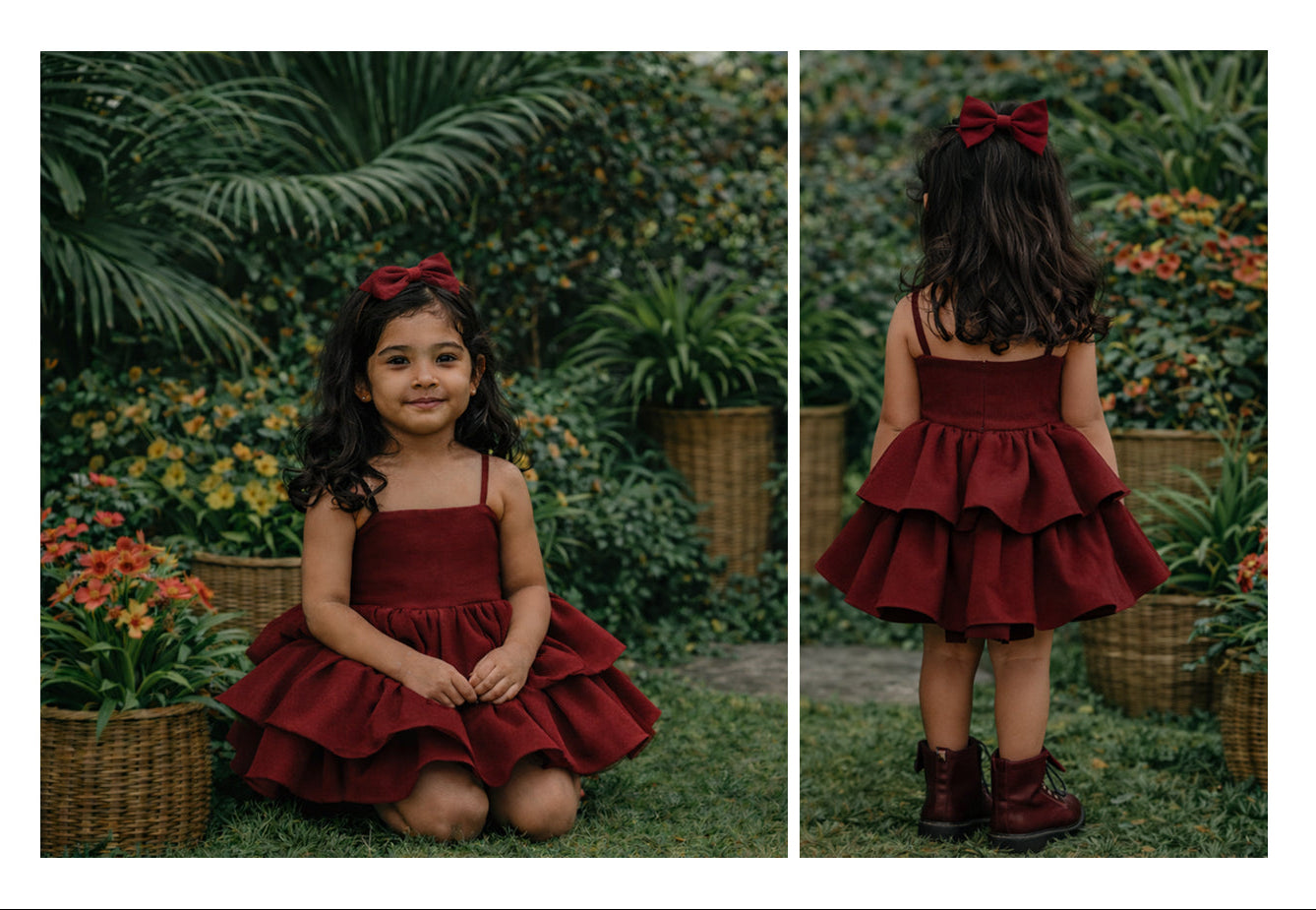 Child wearing a red dress and boots with ruffles in a garden setting