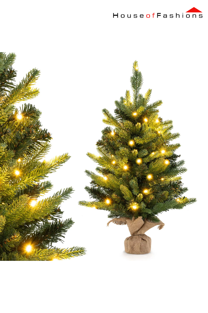60cm Pre-Lit Mini Christmas Tree – 2ft Tabletop Pine with Warm LED Lights & Burlap Base | House of Fashions