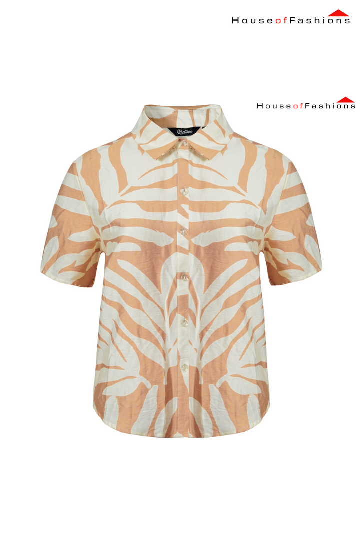 Peach & White Leaf Print Short Sleeve Shirt